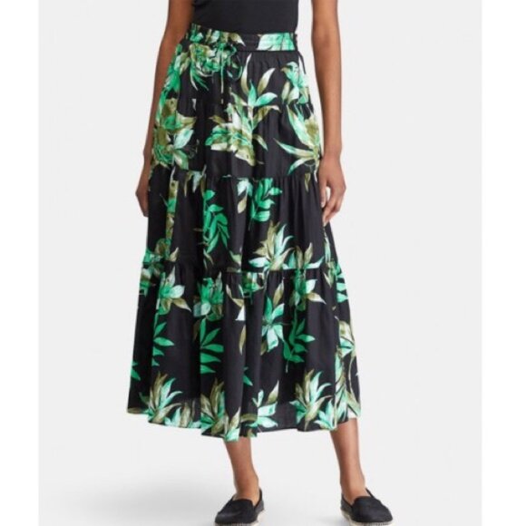 Lauren Ralph Lauren Fern Leaf Exotic Print Cotton Casual Midi Tiered Skirt Small - Picture 1 of 14